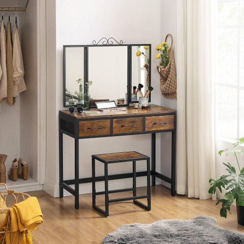 VASAGLE Dressing Table and Stool Set, Dressing Table with Triple Fold Mirror, 3 2