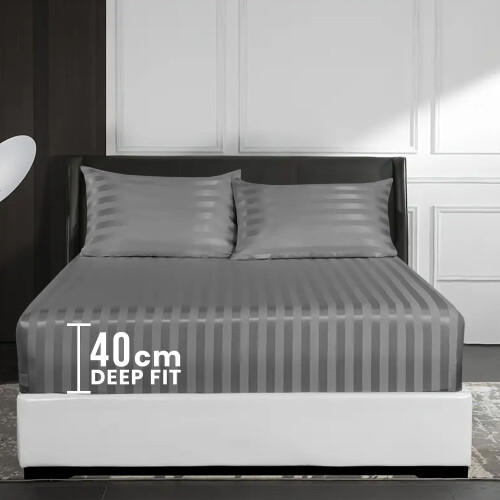 (3PCS GREY) King Size Fitted Sheets Pillowcase 40CM Bed Sheet