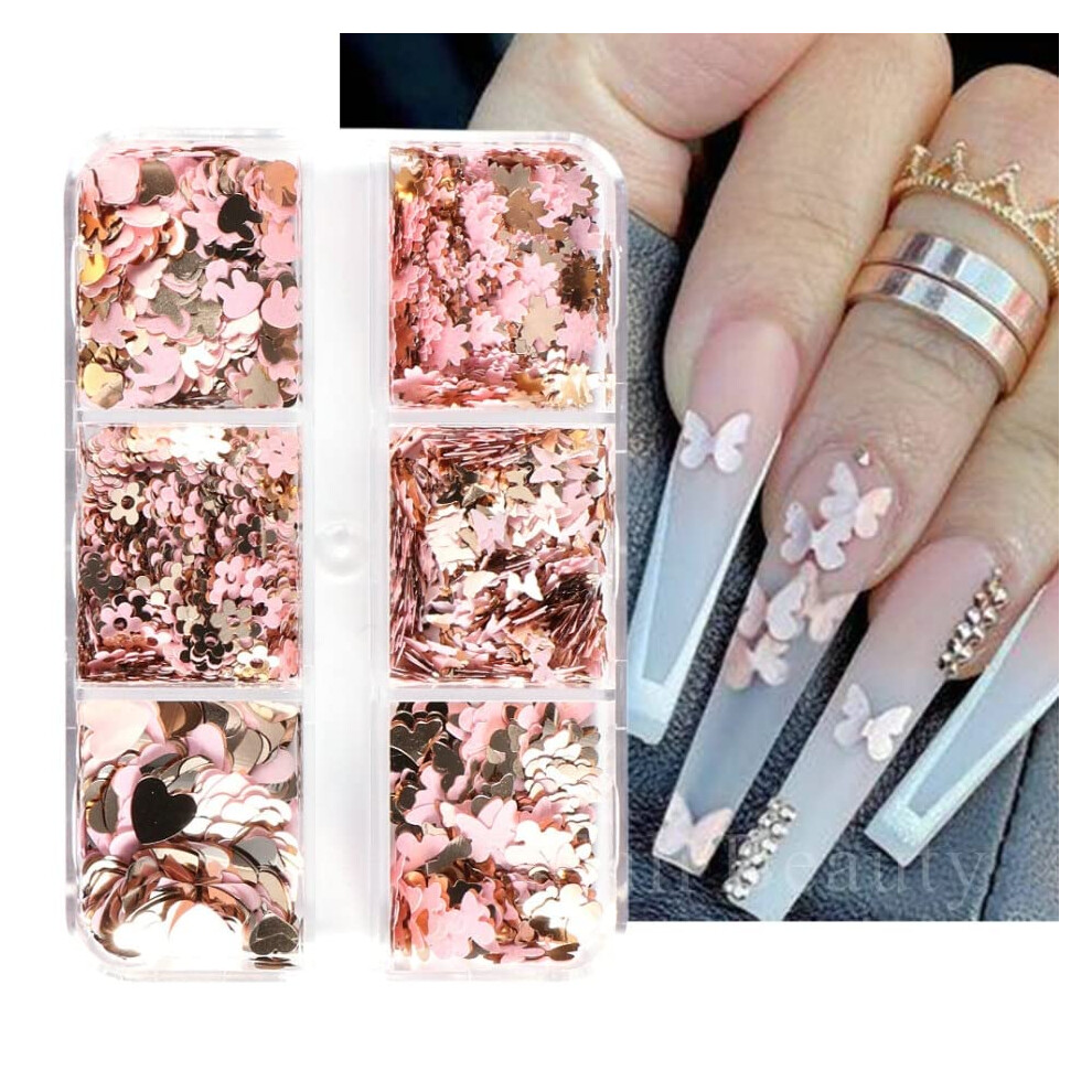 Pink,Gold 6 Grids Pink Sequins Nail Accessories With Heart Gold Glitter Flake Uv Gel Paillette For Autumn Manicure La1909-44