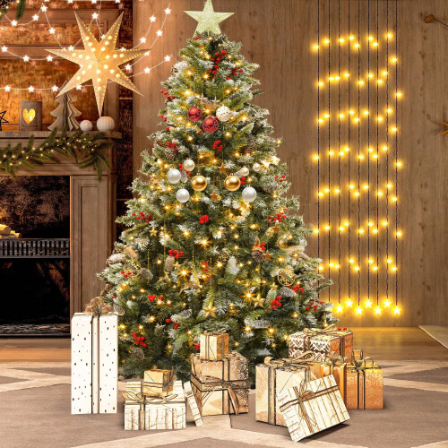 6FT Pre-Lit-Frosted Pine Artificial Christmas Tree With Pine Cones& Red ...