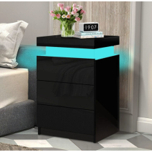 (PERLA - 3 DRAWERS (BLACK)) ELFORDSON Bedside Table RGB LED Nightstand 2/3 Drawers 4 Side High Gloss