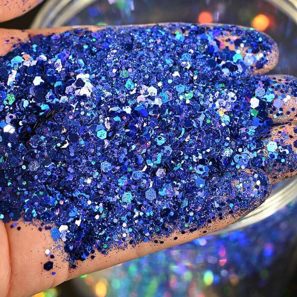 50G Holographic Chunky Glitter Powder for Nail Art, Face, Body Crafts, Hexagon Sequins, Fine and Chunky Mix