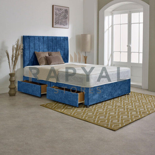 (3ft, 2 Drawers Same Side, Blue) Vegas Divan Bed with Memory Mattress and Headboard