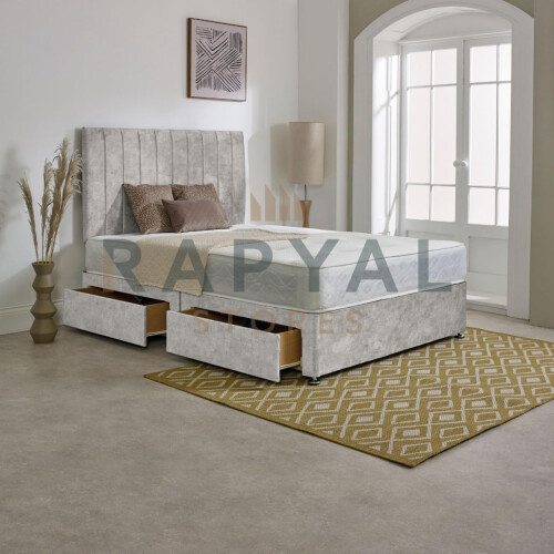 (6ft, 2 Drawers Same Side, Silver) Vegas Divan Bed with Memory Mattress and Headboard