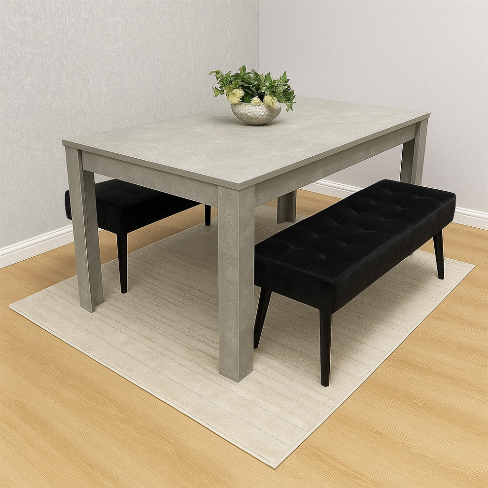 Grey Wooden Dining Table Set and 2 Benches with Metal Legs