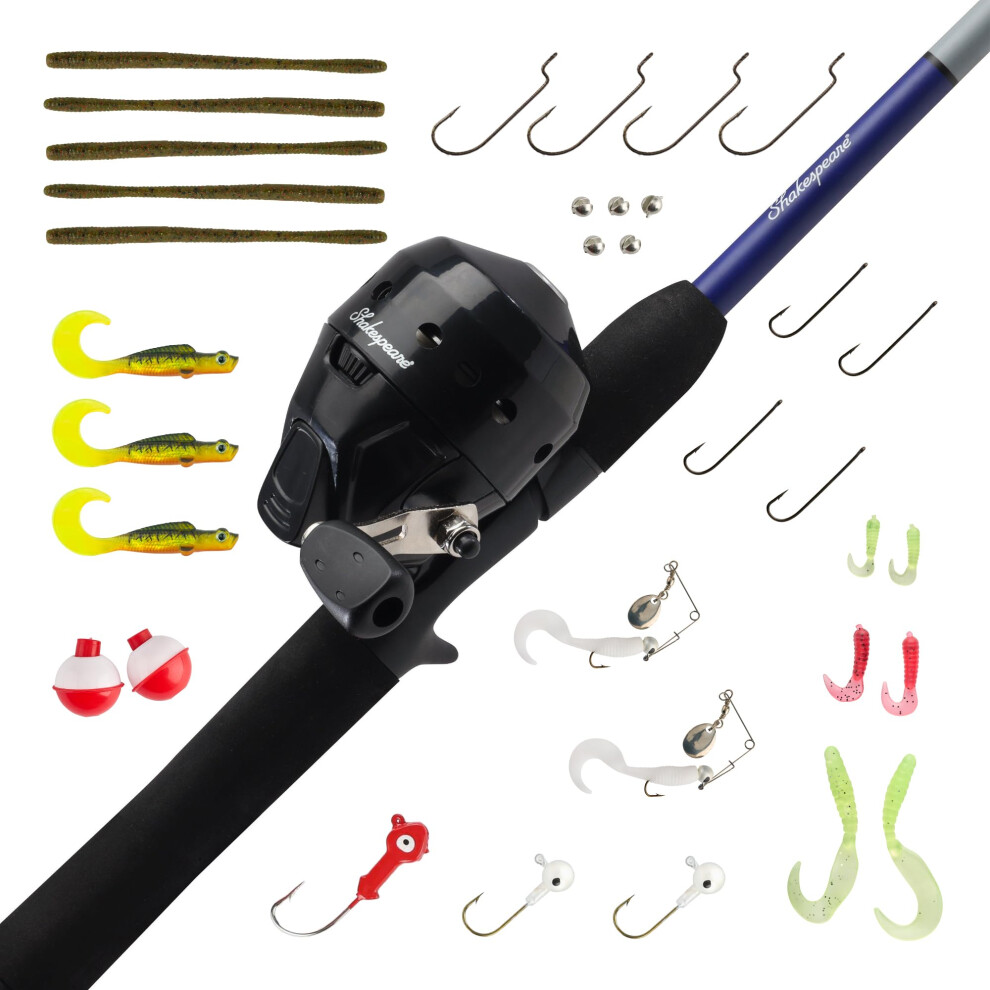 Shakespeare Catch More Fish Lake/Pond Spincast Reel and Fishing Rod Combo, Includes Berkley Fishing Baits, Tackle, & Tackle Box, Pre-Spooled with 6lb