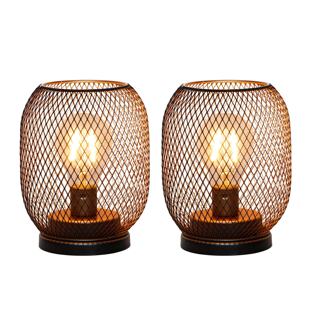 TRIROCKS Set of 2 Battery Operated Table Lamp, Metal Cage Cordless Lantern with LED Bulb, Oval Vintage Decorative Outdoor Lights for Weddings,