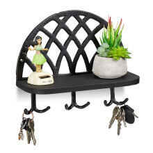 Relaxdays Coat Rack, Shelf & Hooks, Vintage Key Storage, Cast Iron, Wood, HWD: 23x27x12 cm, Black