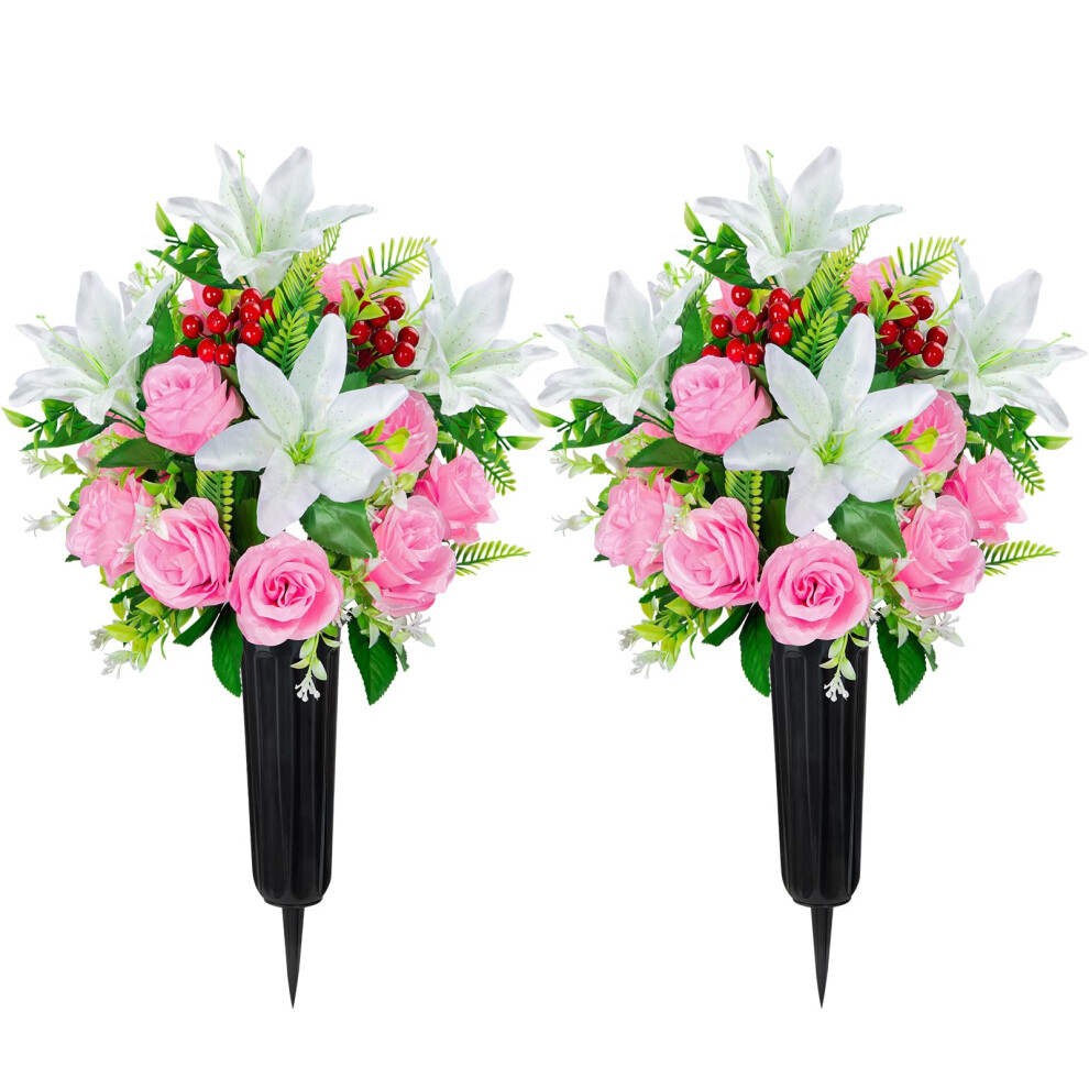 Velibobo Set of 2 Artificial Grave Flowers, 18 Heads Memorial Cemetery Flowers, Funeral Rose Bouquets with Vases for Outdoor Graveside Decoration