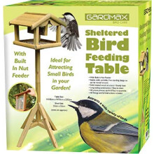 GardMax WOODEN BIRD TABLE WITH BUILT IN LARGE FEEDER FREE STANDING BIRDS FEEDING STATION