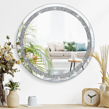Crystal Diamond Silver Mirrors for Wall Round Shaped Wall Hanging Mirror Frameless Bling Stylish Decoration Mirror for Vanity Home Bathroom Bedroom