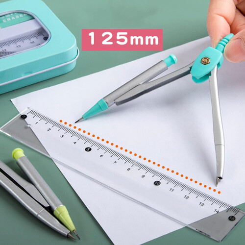 Compass Geometry Kit Set for Students with Iron Box, Includes Rulers, Protractor, Drafting Compass, Eraser, Lead Refills 2