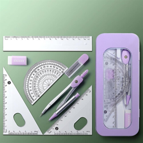 Compass Geometry Tool Set - 7 Pieces Math Kit for Students, Includes Ruler, Protractor, Compass, Eraser, Green Color 2