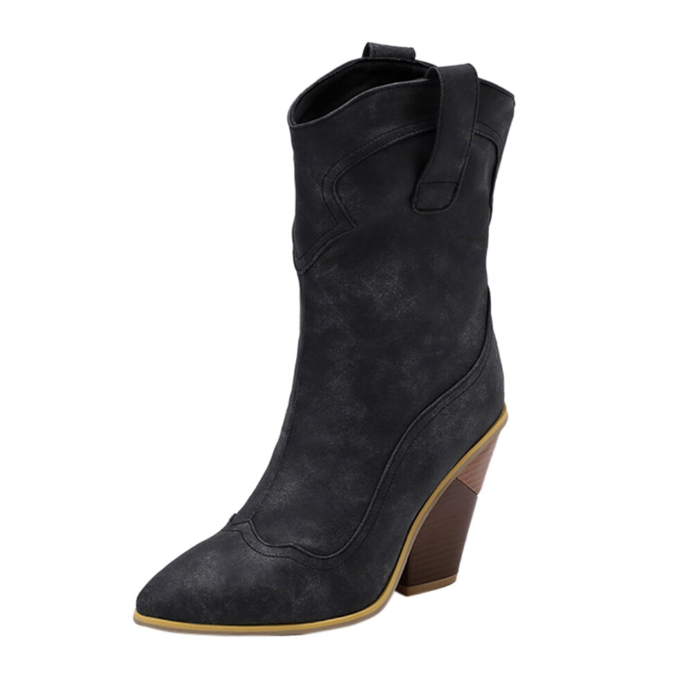 Women's Western Cowboy Boots Retro Pull On Pointed Toe Chunky Low Heel Wide Calf Mid Calf Cowgirl Boot Shoes