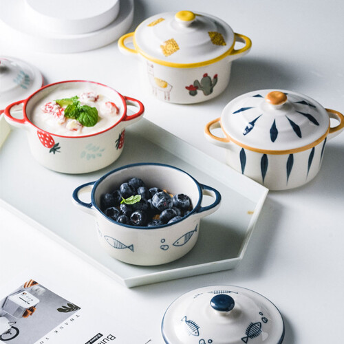 (Bubble Fish) Convenient Storage Ceramic Souffle Baking Bowls Safe To Ceramic Bowl 2