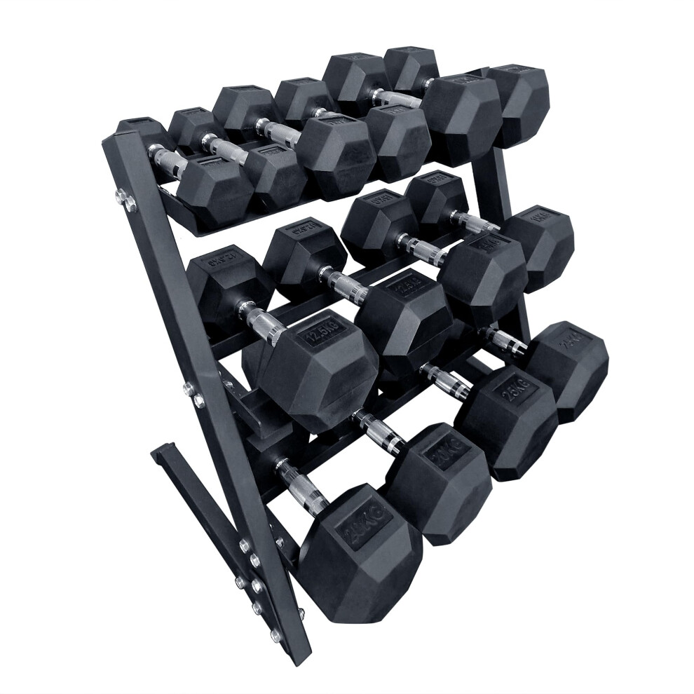 Extreme Fitness Hex Dumbbell Rubber Weights Set & Storage Rack - 7 Pair Of Dumbbells 2.5kg 5kg 7.5kg 10kg 15kg 20kg 25kg