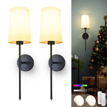 Daoteper Battery Operated Wall Sconces Set of 2, 15 RGB Color Dimmable Rechargeable LED Bulbs Wall Lights with Remote, Black Wireless Battery Powered