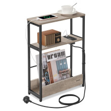 VASAGLE Slim Side Table with Charging Station, 3-Tier Narrow Bedside Table, End Table for Small Spaces, Magazine Rack, for Living Room, Bedroom,