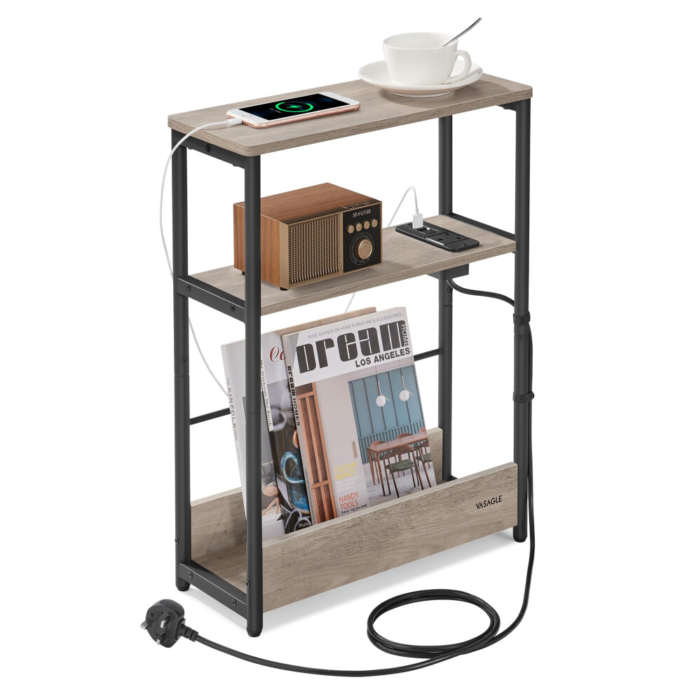 Vasagle Slim Side Table With Charging Station, 3-Tier Narrow Bedside Table, End Table For Small Spaces, Magazine Rack, For Living Room, Bedroom,