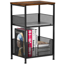 Mutool 3 Tier Side Table, End Table Nightstand with Storage Shelf Basket, Industrial Bedside Table Sofa Side Table for Living Room Bedroom Kitchen