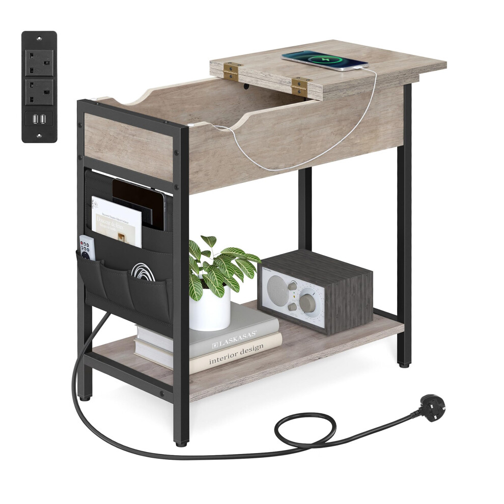 Vasagle Slim Side Table With Charging Station, Narrow Bedside Table With Storage, End Table With Usb Ports, Outlets, Fabric Bags, For Living Room,