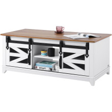 VEVOR 48" Farmhouse Coffee Table, Rectangle Coffee Table with 2 Sliding Barn Doors, 2 Tiers Wooden Rustic Table with Removable Shelves for Living