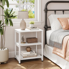 Dripex White Living Room End Table, 3-Tier Wooden Narrow Nightstand, Bedside Table with Steel Frame, Slim Coffee Table Small Spaces, Storage Sofa Side