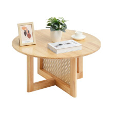 VEVOR Round Rattan Woven Wood Coffee Table with Rubber Wood Top, 33 in Modern Boho Circular Storage Coffee Table with Natural Wood Legs, for Living