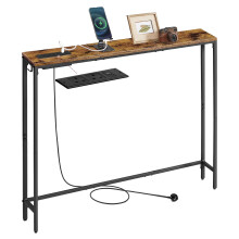 VASAGLE Console Table with Charging Station, Slim Behind Sofa Table, 15 x 100 x 80 cm, 1 Hook, Easy Assembly, for Hallway, Living Room, Rustic Brown