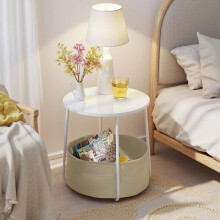 FurnitureR End Table, Small Bedside Table with Fabric Storage Basket, Modern Nightstand, 45 cm White Top, for Living Room, Bedroom, Matte White and