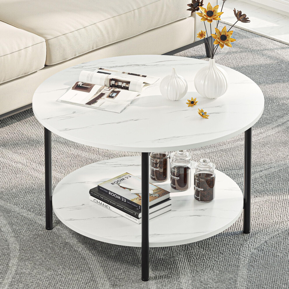 YITAHOME Round Coffee Table,2-Tier Industrial Sofa Coffee Tables with Storage Shelf for Living Room,Circle Rustic Wooden Surface Tabletop and Sturdy