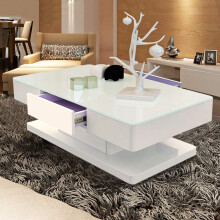 TUKAILAi White High Gloss Coffee Table for Living Room, Modern Tempered Glass Coffee Table with 2 Drawers Storage Cabinet Wooden Sofa Side Table for