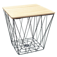 Carousel Home and Gifts Square Wooden Top Geometric Wire Occasional Side Table - Storage Basket Table With Lid