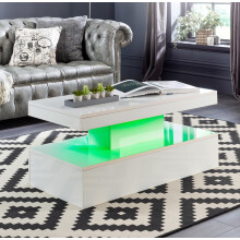 MMT Furniture Designs Ltd White Coffee Table with LED lights For Modern Living Room, Two Shelf Design 90cm x 50cm x 39cm battery powered