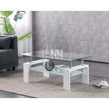 FURNIZONE COSMO Clear Glass Top with Frosted Glass Shelf & White High Gloss Legs Modern Coffee Table Home Living Room