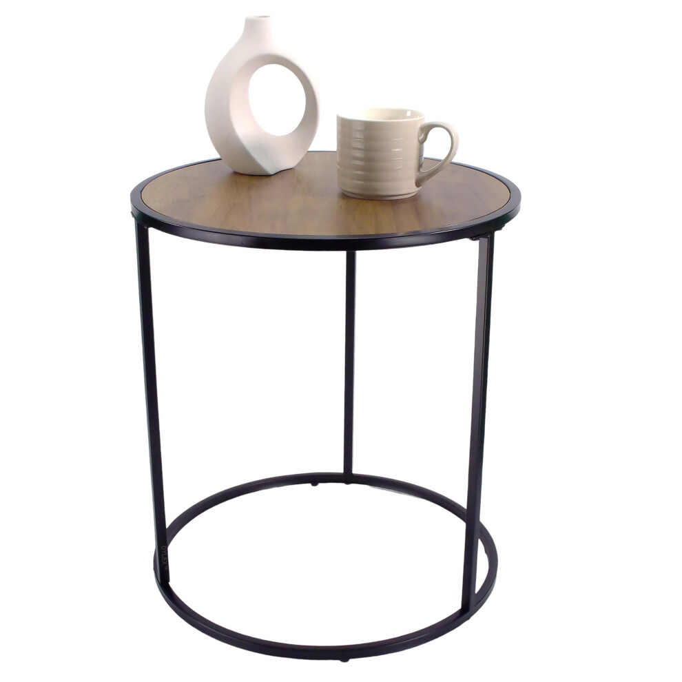 Dylex Round Side Table Sofa End Table Rustic Oak Finish Top Black Metal Frame Contemporary Style Furniture for Living Room-image-OPC-PJQGKSP-NEW