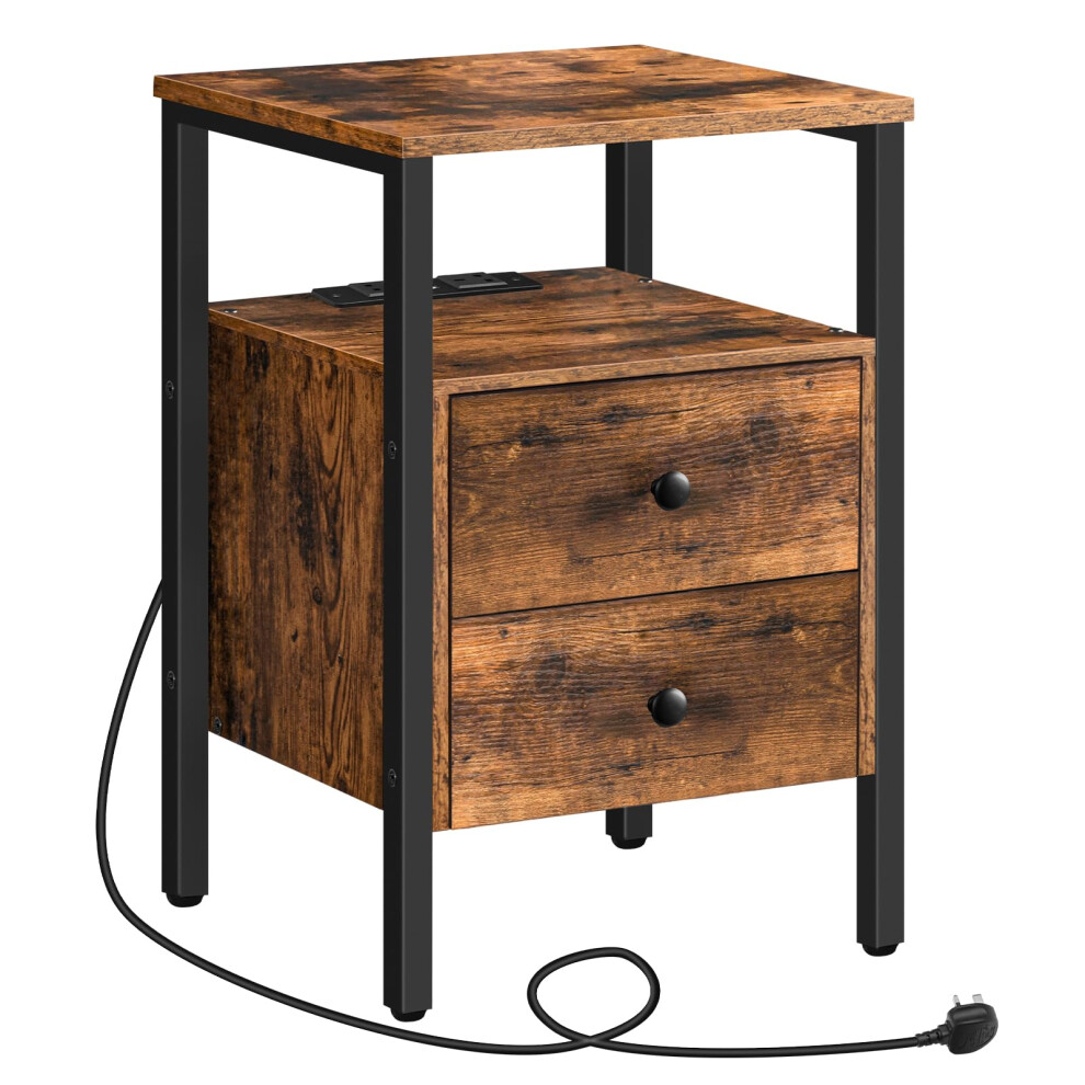 HOOBRO Bedside Table with Charging Station, Side Table with 2 Drawers, Wooden End Table with 2 USB Ports and 2 Sockets, Nightstand for Living Room,