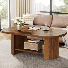 Tribesigns Oval Coffee Table, Mid-Century 2-Tier Coffee Table with Storage Shelf, Modern 115cm Accent Center Table with Wooden Dual Base for Living