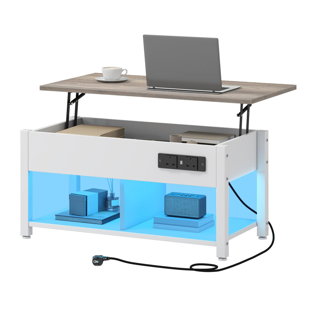 TAUS Lift Top Coffee Table with Storage, Adjustable Height Coffee Table with Hidden Storage, Power Outlets and RGB LED Light, Rectangular Center Table