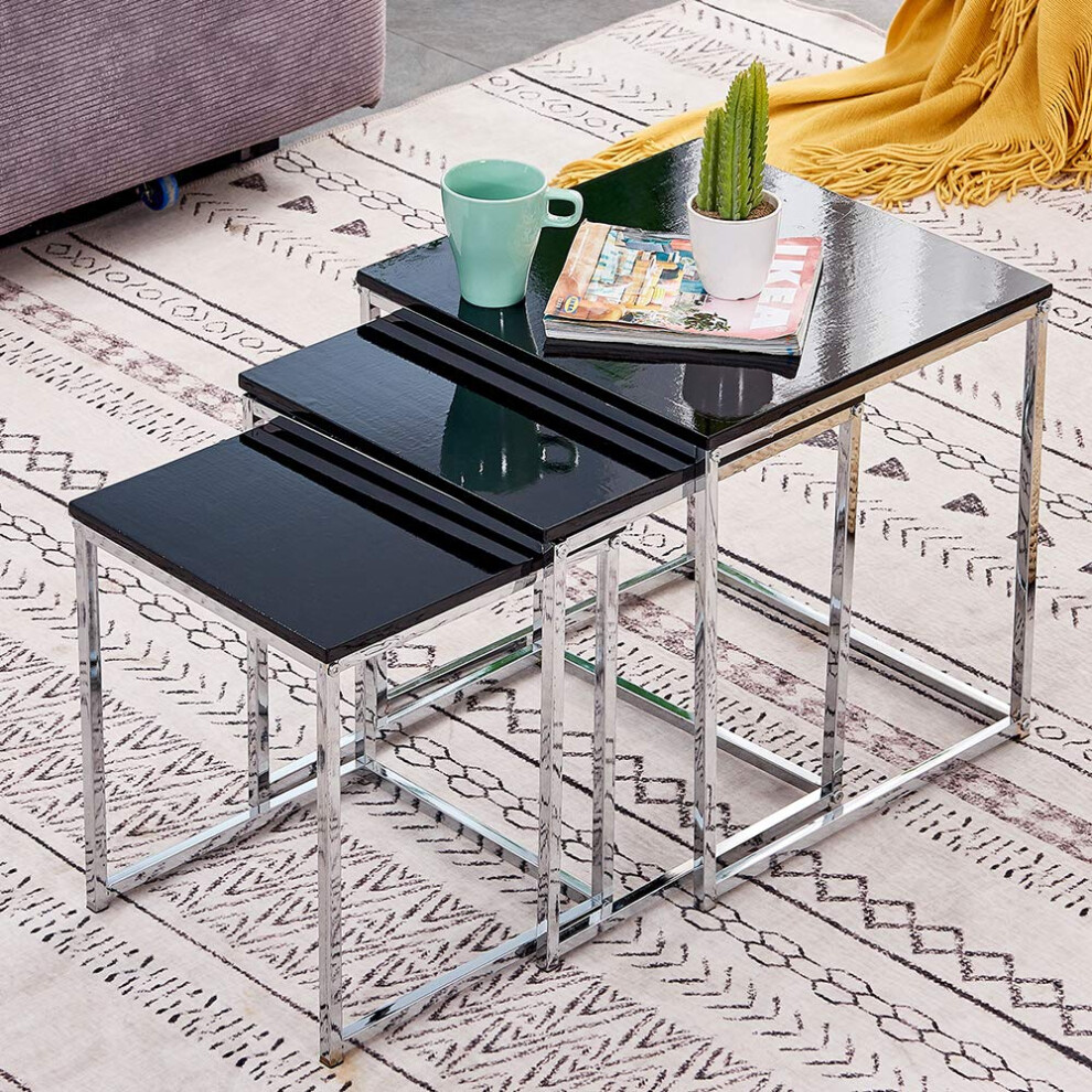 Redd Royal Black High Gloss Nest of 3 Coffee Table, Modern Design Sofa Side Corner End Lamp Table, Small Square Nesting Tables for Living Room
