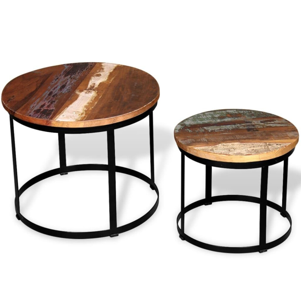 vidaXL Two Piece Coffee Table Set - Solid Reclaimed Wood Round Tables with Durable Iron Frame for Living Room, Farmhouse Style