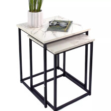 Dylex Square Coffee Table, Set of 2 Nesting Table with White Marble Effect Top Black Metal Frame, side tables For Living Room