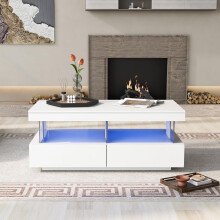 LED Coffee Table Modern White High Gloss: Stylish Illuminated Table with 16 Colors LED Lights, 2 Drawers, and Open Storage Space - Perfect for Office,
