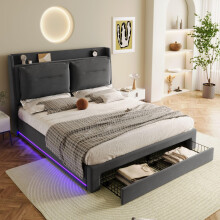 Merax Upholstered Double Bed Frame 135 * 190 cm with LED Light, Functional and Stylish Bed Frame with 2-in-1 Storage Drawers, Mattress Not Included,
