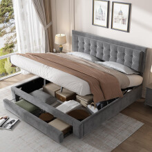 Merax Upholstered Bed Frame with Hydraulic Lift, 6FT Super King Size Bed Frame with Slats, Headboard and Large Storage Space, Functional Ottoman Bed,