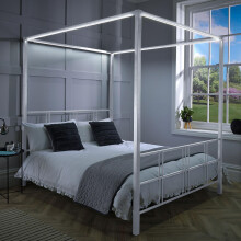 X-Rocker FERN Four Poster Bed with LED Lighting, Double 4ft6 Bedstead, Metal Canopy Bed Frame, Sturdy 4 Poster Bed Frame with Headboard and Dimmable