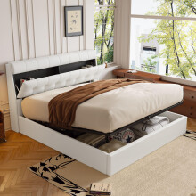 Merax Fashion Upholstered Double Bed Frame, 4FT6 Ottoman Bed Double with Slats, Hydraulic Double Bed with Storage Concealed Headboard, Bed Box