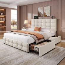 ModernLuxe 4ft6 Double Upholstered Bed with Storage Drawers Velvet Bed Frame with Adjustable Tufted Headboard, USB & Type-C Ports, No Box Spring