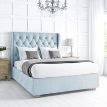 Safina Light Blue Velvet Double Ottoman Bed with Winged Headboard