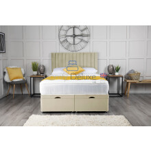 Plush Velvet Ottoman Storage Divan Bed Foot Lift Open With 1000 Pocket Royal Mattress And Vertical Lined Panel Apollo Headboard | Ottoman Gas Lift Bed